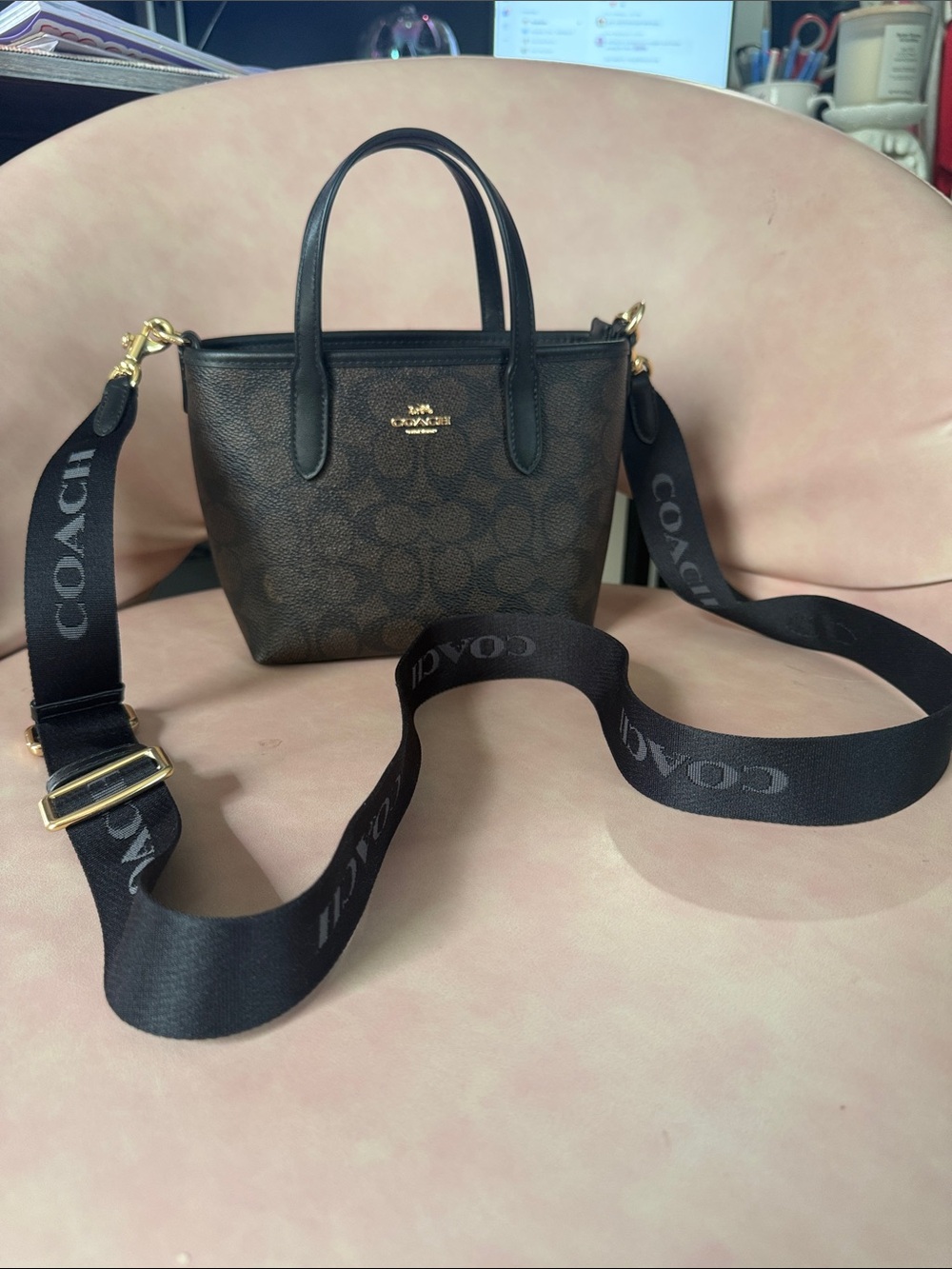 Coach Dark Brown Signature Crossbody Tote with Gold Hardware